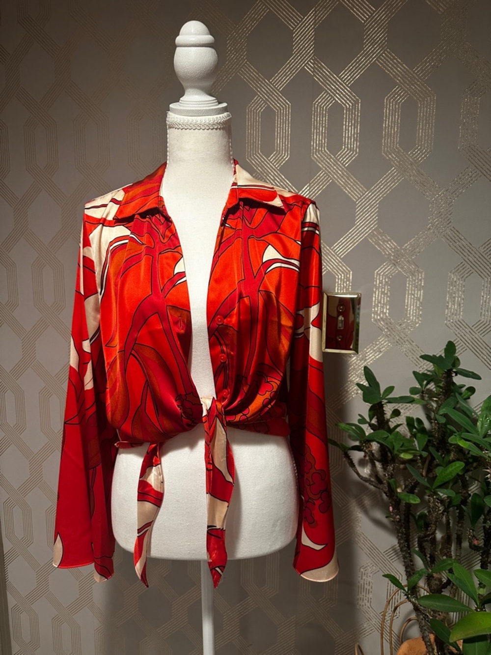 Rachel Zoe Red and Cream Abstract Tie-Front Button-Down Blouse